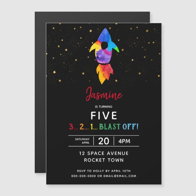 Rainbow Rocket Ship Outer Space Birthday Party Magnetic Invitation (Front/Back)