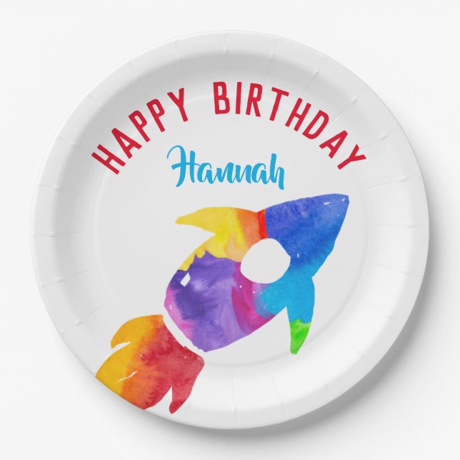 Rainbow Rocket Ship Outer Space Birthday Party Paper Plate (Front)