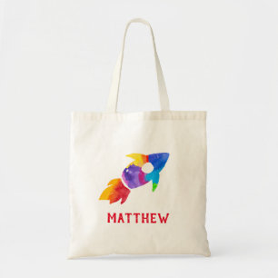 Rainbow Rocket Ship Outer Space Personalised Kids Tote Bag