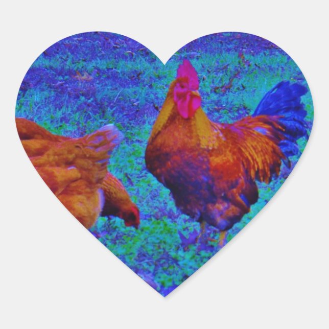Rainbow Rooster & Hens, Electric Blue Heart Sticker (Front)