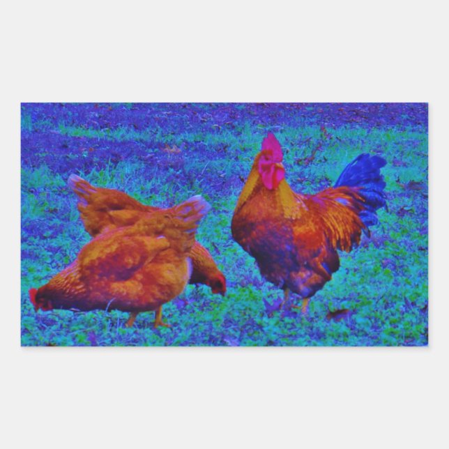 Rainbow Rooster & Hens, Electric Blue Rectangular Sticker (Front)