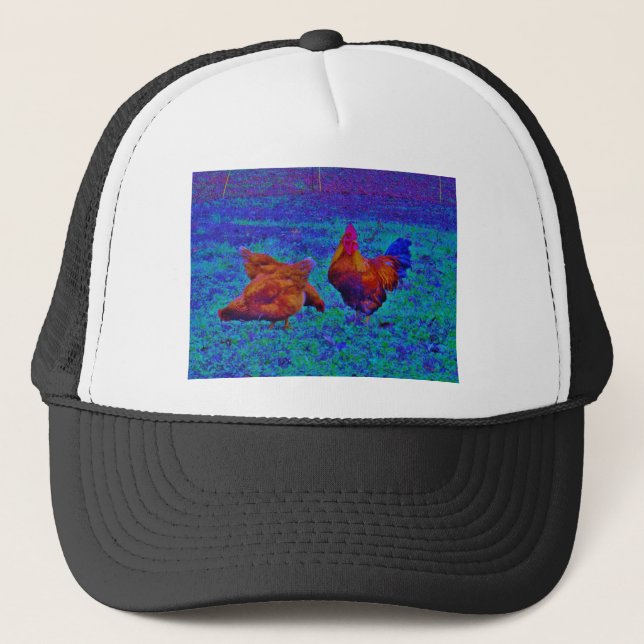 Rainbow Rooster & Hens, Electric Blue Trucker Hat (Front)