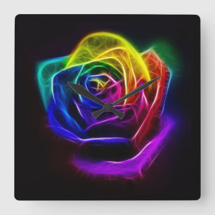 Rainbow Rose Fractal Square Wall Clock