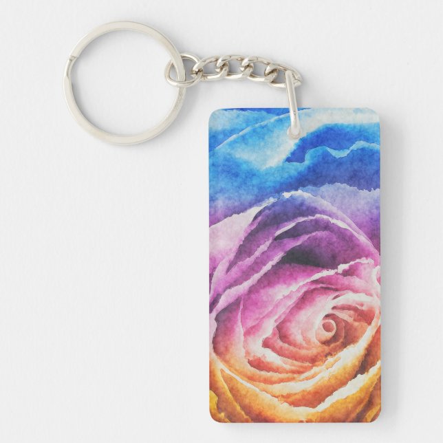 Rainbow Rose Watercolor Key Ring (Front)