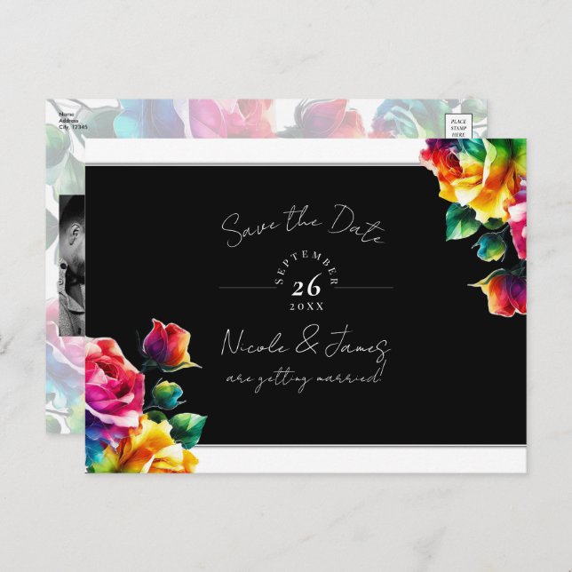 Rainbow Roses Black & White Floral Save the Date Announcement Postcard (Front/Back)