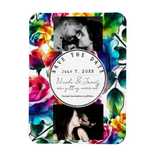 Rainbow Roses Black & White Floral Save the Date Magnet