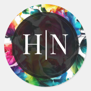 Rainbow Roses Black & White Vibrant Floral Wedding Classic Round Sticker