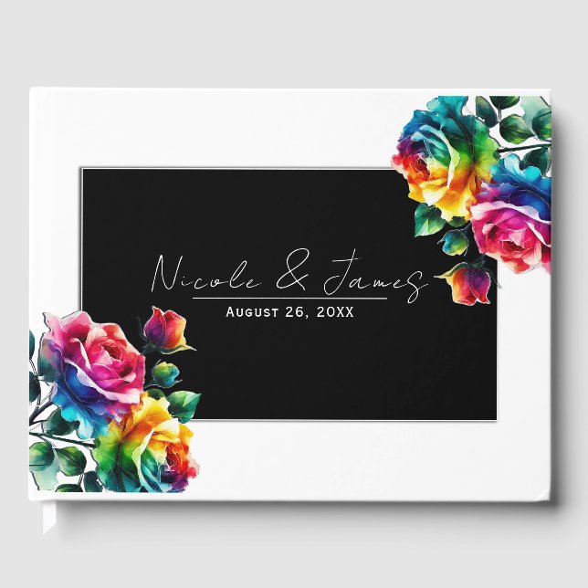 Rainbow Roses Black & White Vibrant Floral Wedding Guest Book (Front)