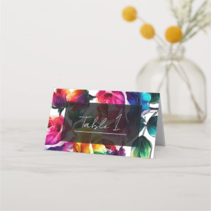 Rainbow Roses Black & White Vibrant Floral Wedding Place Card