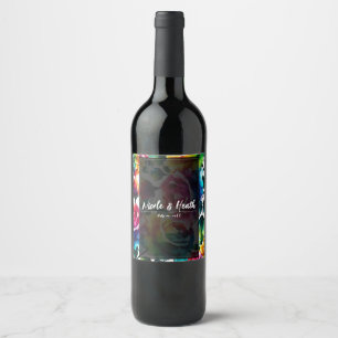 Rainbow Roses Black & White Vibrant Floral Wedding Wine Label