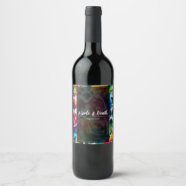 Rainbow Roses Black & White Vibrant Floral Wedding Wine Label (Front)