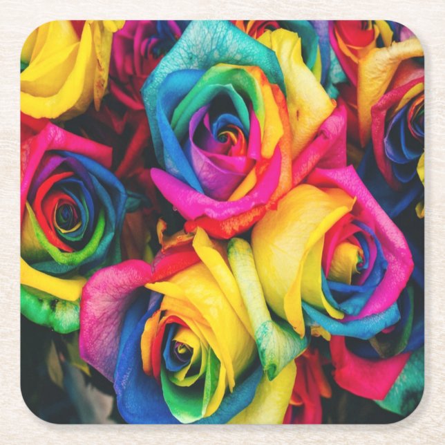 Rainbow Roses Bouquet Square Paper Coaster (Front)