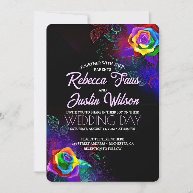 Rainbow Roses Floral Modern Boho Black Invitation (Front)