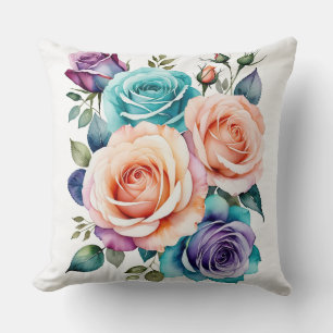 Rainbow Roses Watercolor Bouquet Cushion