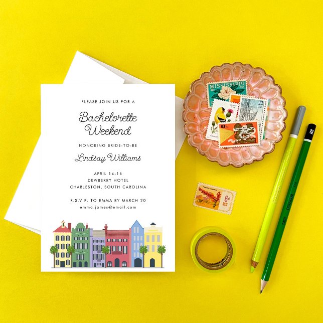 Rainbow Row Girls Weekend Invitation (Rainbow Row Bachelorette Girls Weekend Invitation by Charleston, South Carolina Artist Erika Firm)