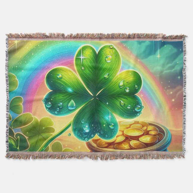 Rainbow Saint Patrick's Day clover Throw Blanket (Front)
