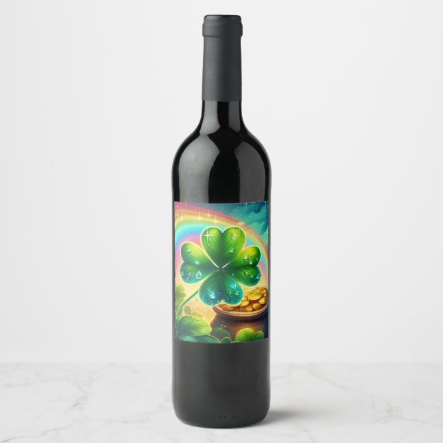 Rainbow Saint Patrick's Day clover Wine Label (Front)