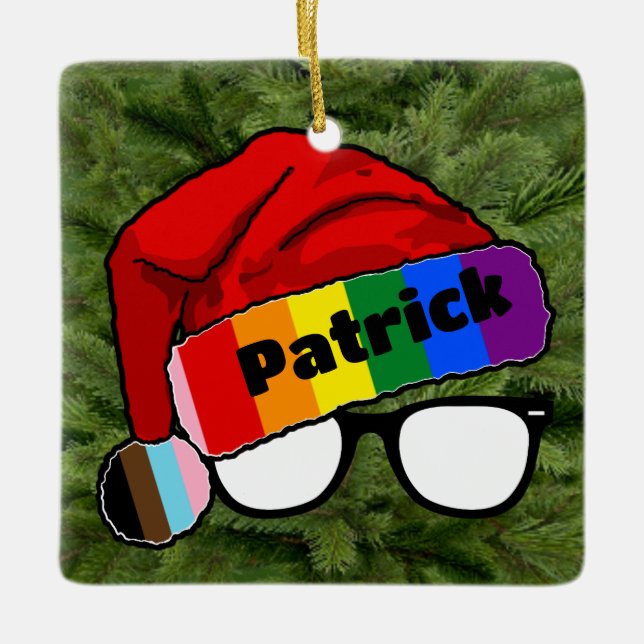 Rainbow Santa Hat with Glasses  Ceramic Ornament (Front)