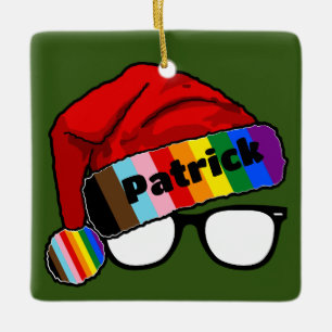 Rainbow Santa Hat with Glasses  Ceramic Ornament