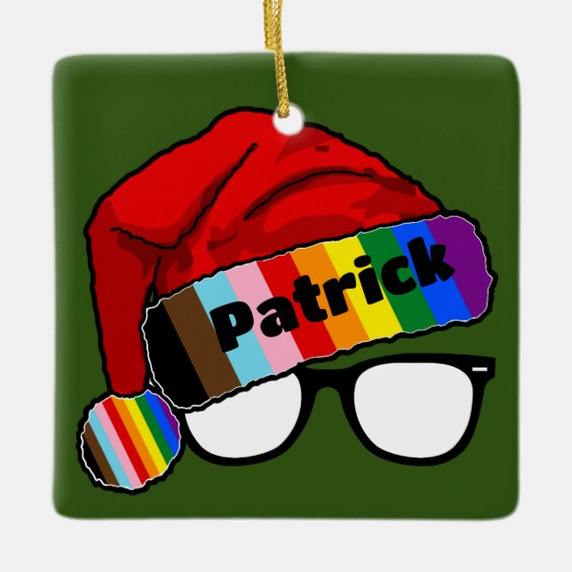 Rainbow Santa Hat with Glasses  Ceramic Ornament (Front)