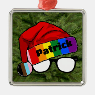 Rainbow Santa Hat with Glasses Metal Ornament