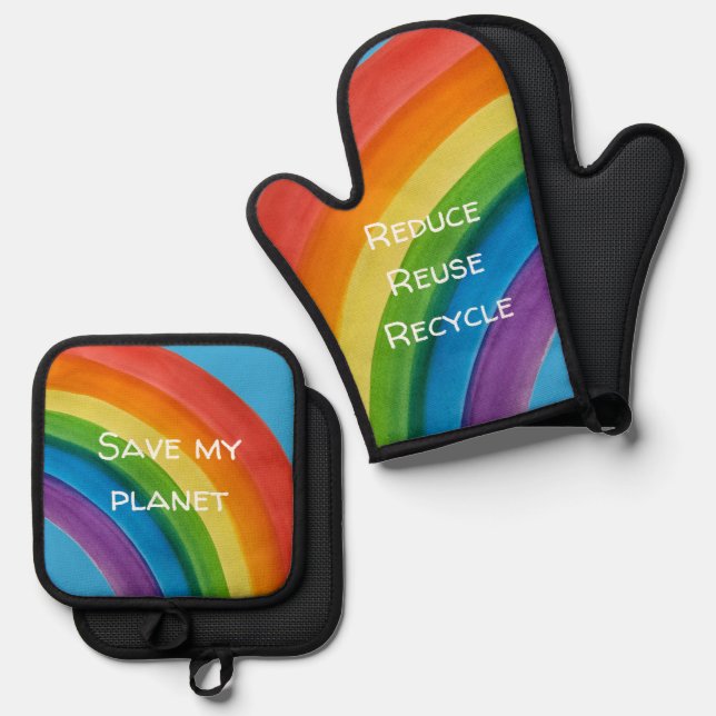 RAINBOW Save my planet (customisable) Oven Mitt & Pot Holder Set (Front/Back)
