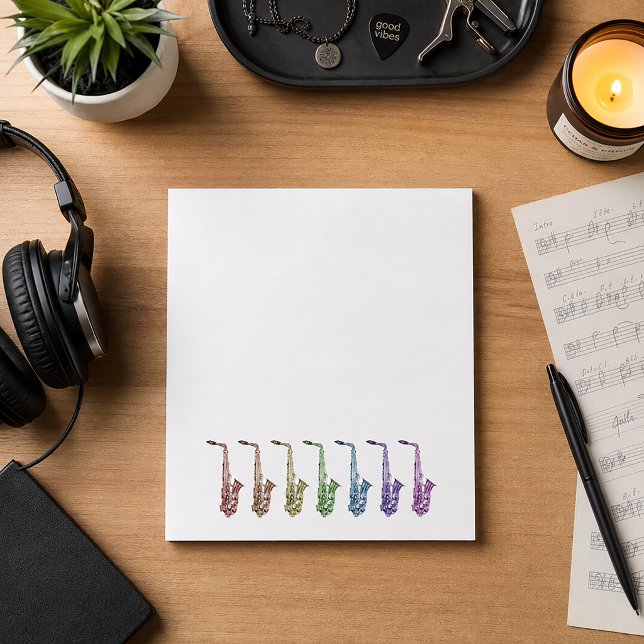 Rainbow Saxophone Colourful Notepad (A note pad with alto saxophones done in red, orange, green, yellow, blue, pink & purple.)