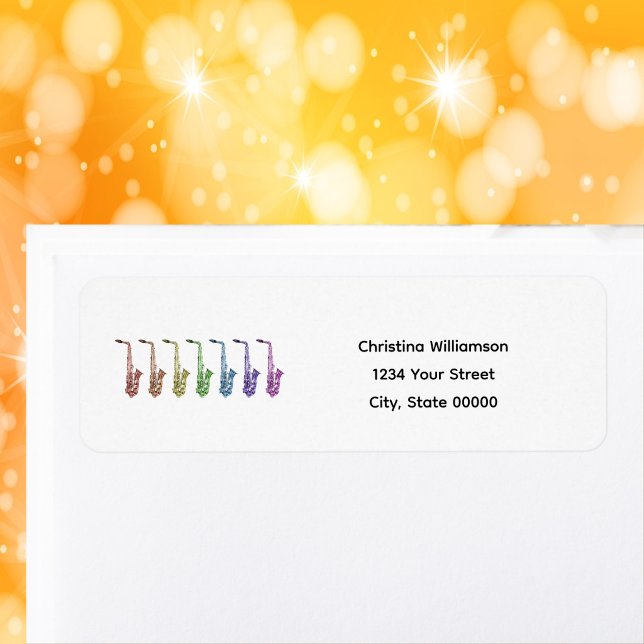 Rainbow Saxophone Colourful Personalise Return Address Label (A return address label with rainbow saxohones & text you can personalize.)