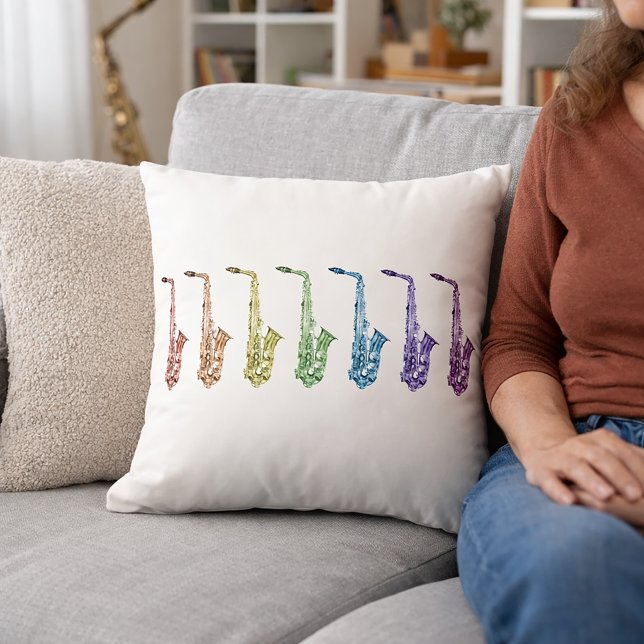 Rainbow Saxophones Music Cushion (A throw pillow with saxophones in red, orange, green, yellow, purple, blue & pink.)