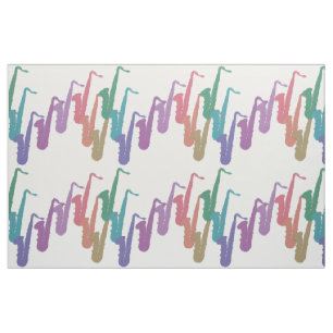 Rainbow Saxophones Pattern on White Fabric