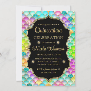 Rainbow Scallop Gold Quinceanera Invitation
