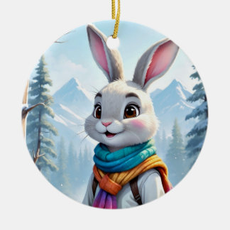 Rainbow Scarf White Winter Rabbit Ceramic Ornament