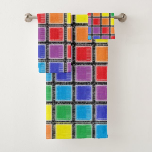 Rainbow Scratched Squares Bath Towel Set (Insitu)