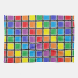 Rainbow Scratched Squares Tea Towel