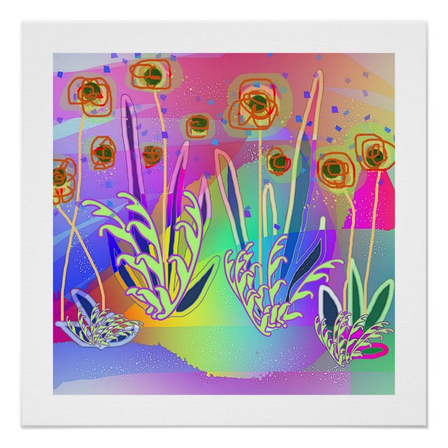 Rainbow Scribble Blossoms Contemporary Floral  Poster (Front)