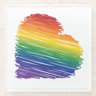 Rainbow scribble heart square glass coaster