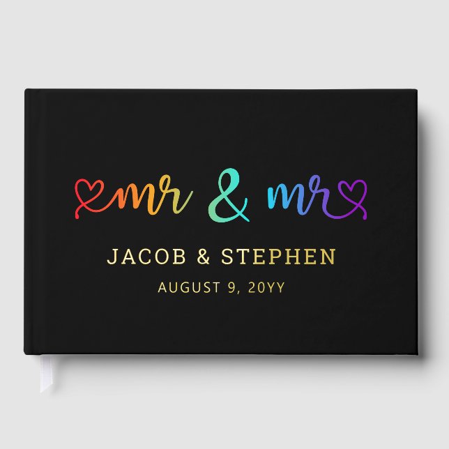 Rainbow Script Black Mr & Mr Gay Wedding Guest Book (Front)