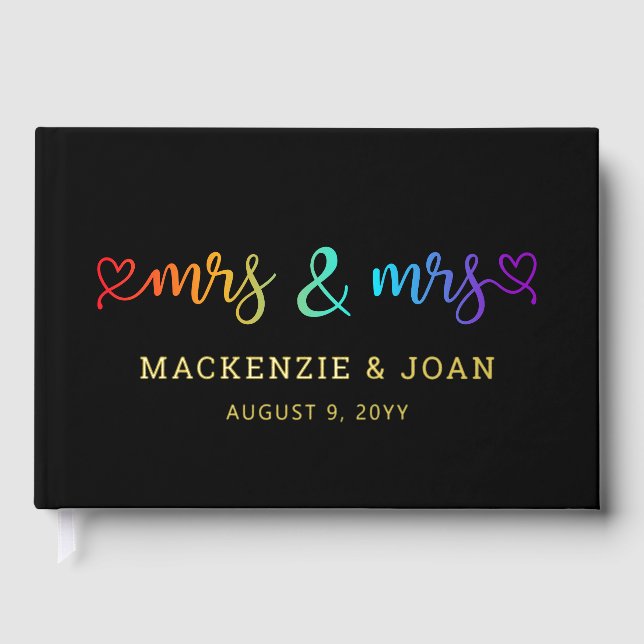 Rainbow Script Black Mrs & Mrs Lesbian Wedding Guest Book (Front)
