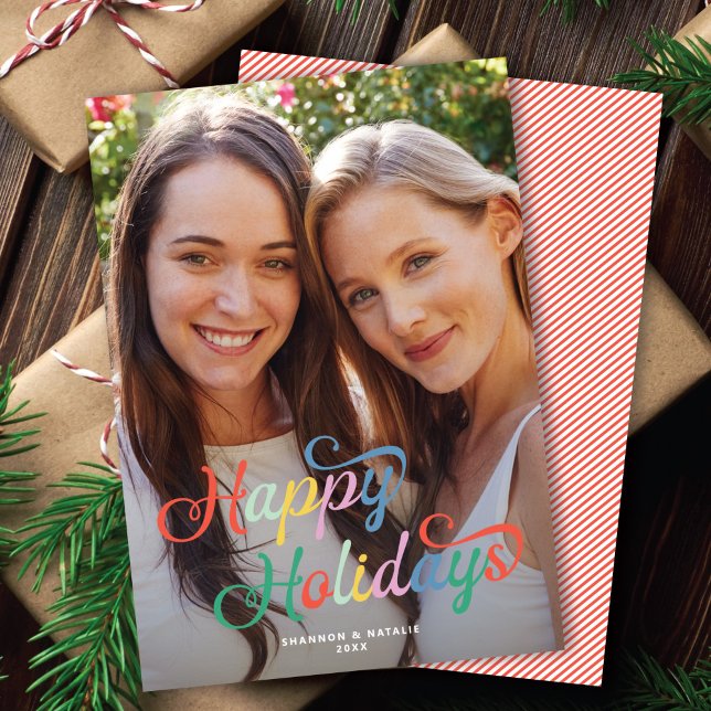 Rainbow Script LGBTQIA+ Happy Holidays Photo Holiday Card (Creator Uploaded)