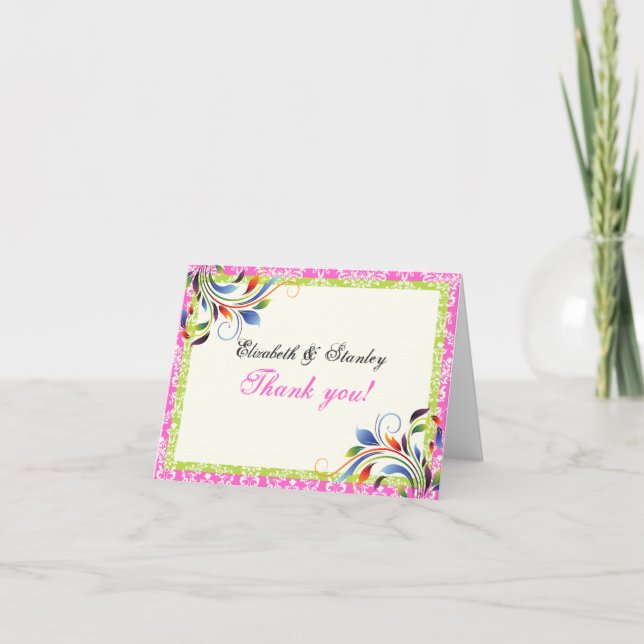 Rainbow scroll leaf damask wedding Thank You (Front)