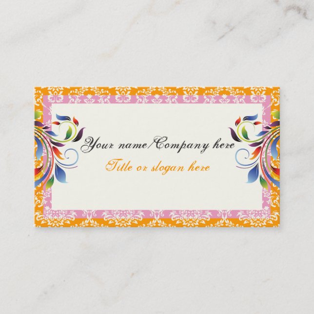 Rainbow scroll leaf orange, pink damask borders business card (Front)