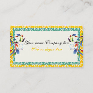 Rainbow scroll leaf yellow teal damask borders business card