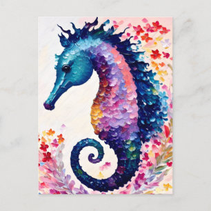 Rainbow Seahorse Floral Art Postcard