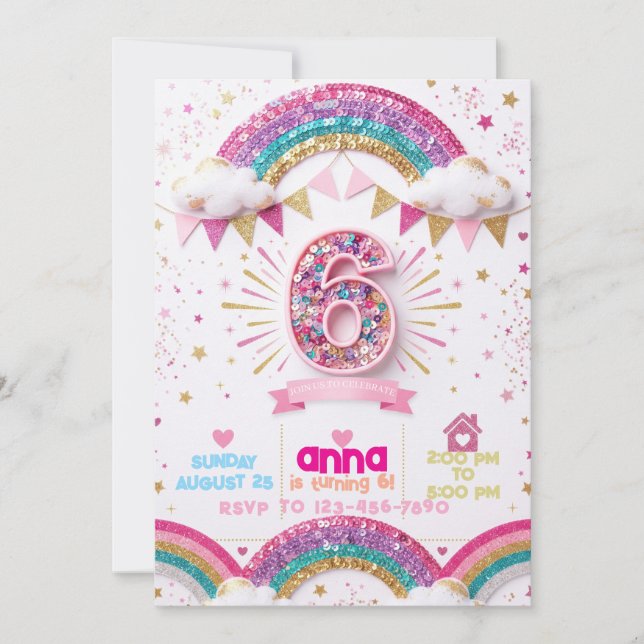 Rainbow Sequin Glitter 6th Birthday Invitation (Front)