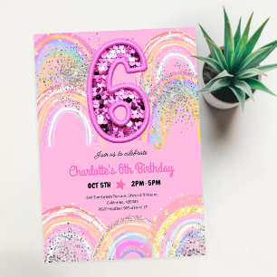 Rainbow Sequin Glitter 6th Birthday Invitation