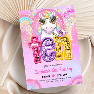Rainbow Sequin Unicorn 10th Birthday Invitation