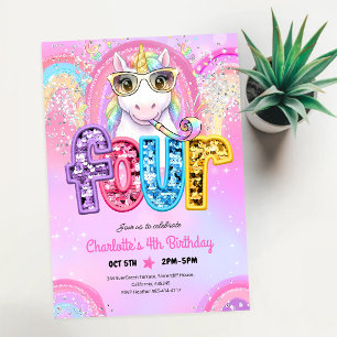 Rainbow Sequin Unicorn 4th Birthday Invitation