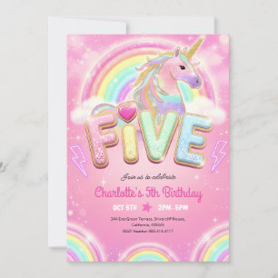 Rainbow Sequin Unicorn 5th Birthday Invitation