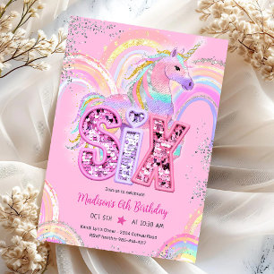 Rainbow Sequin Unicorn 6th Birthday Invitation
