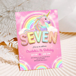 Rainbow Sequin Unicorn 7th Birthday Invitation